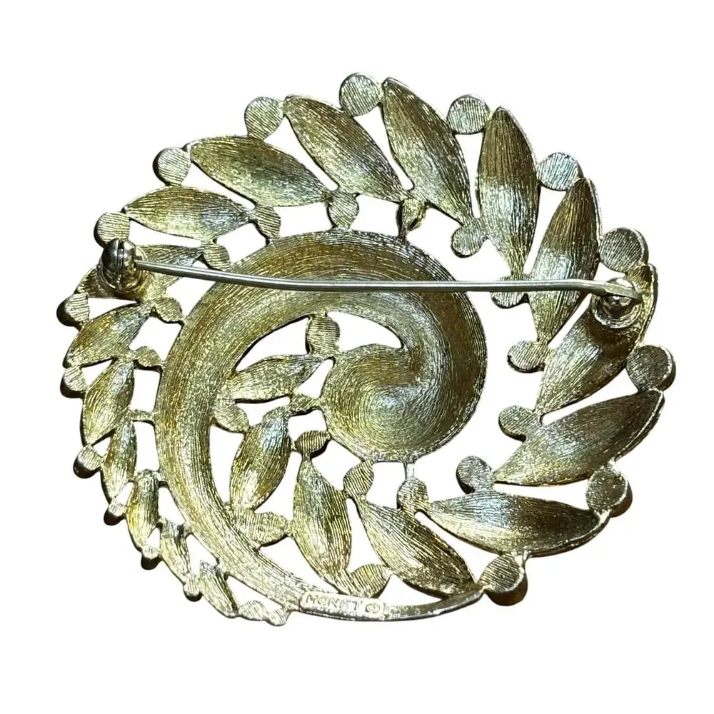 Vintage Monet brooch goldtone ornate filigreee circle medallion chunky 80s